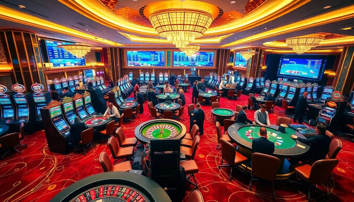 Experience immersive gaming at OPEN88, featuring elegant casino tables and vibrant slot machines.