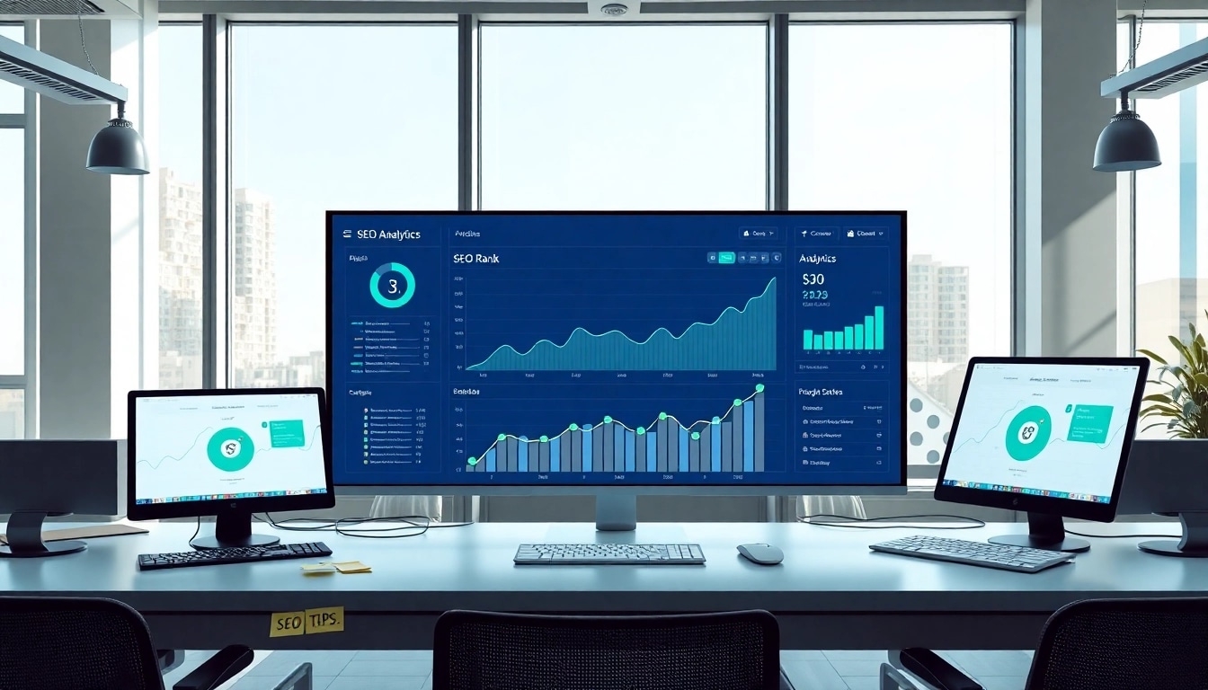 Analyze SEO Rank trends with a professional dashboard and bright office environment.