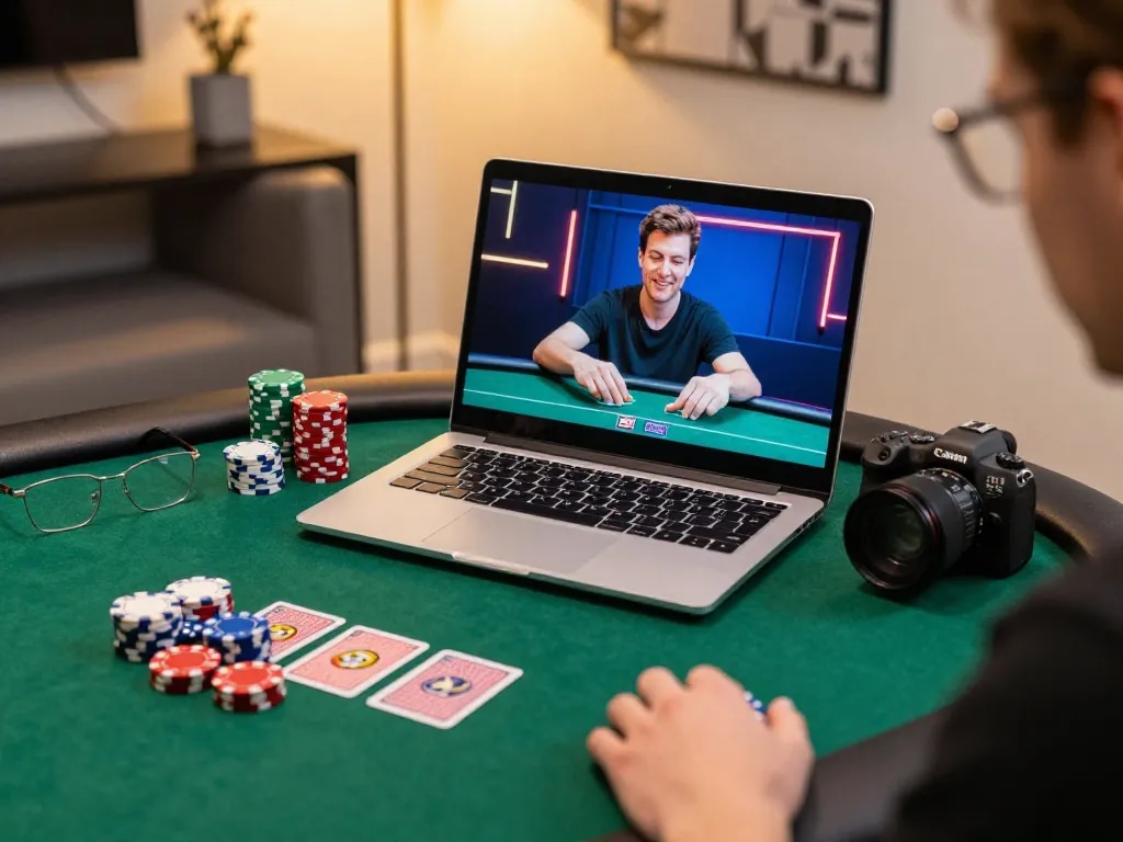 Kubet player engaging in an online poker game with chips and cards in a modern gaming setup.