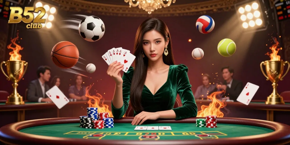 B52club showcases a vibrant casino scene with an elegant woman at a luxury poker table, illustrating thrilling gaming action.