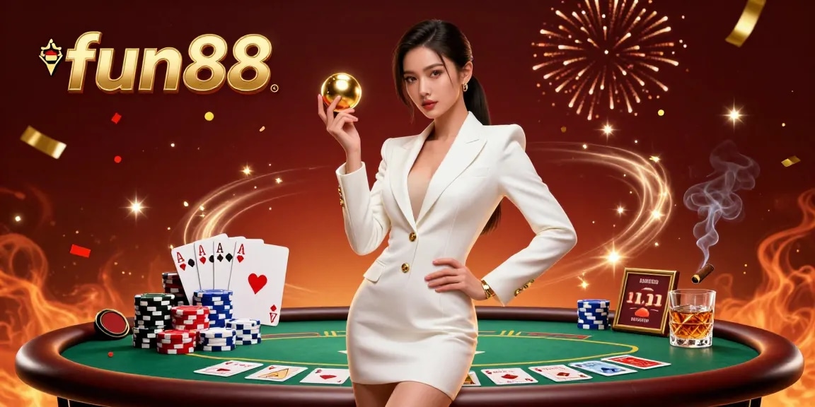 Experience fun88 with a stunning casino scene featuring a glamorous Asian woman holding a roulette ball amidst poker chips and cards.