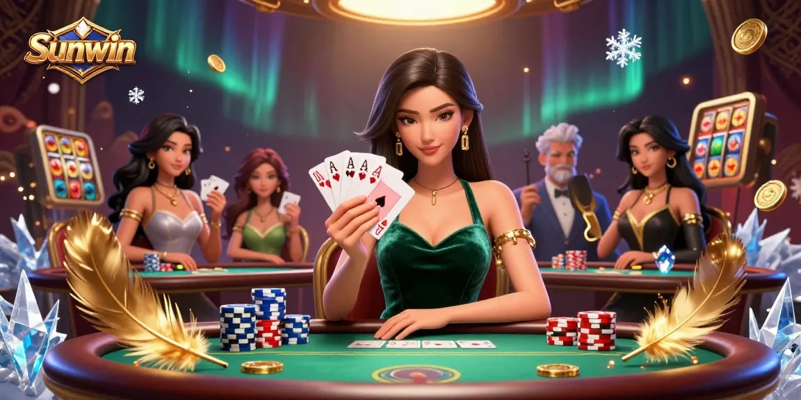 Experience Sunwin's thrilling poker scene with a beautiful woman at a luxury table, vibrant colors.