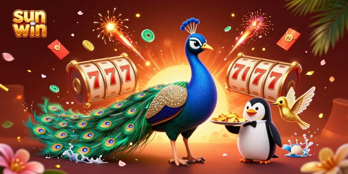 Engage with sun win and experience vibrant gaming through dynamic visuals of a peacock and friends.