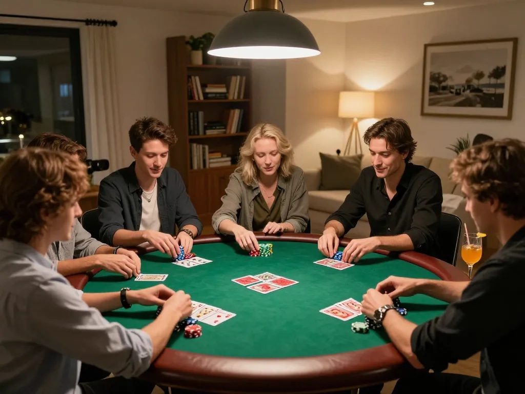 Friends enjoying a classic poker night at home with 8kbet strategy in focus, featuring lively gameplay and cozy atmosphere.