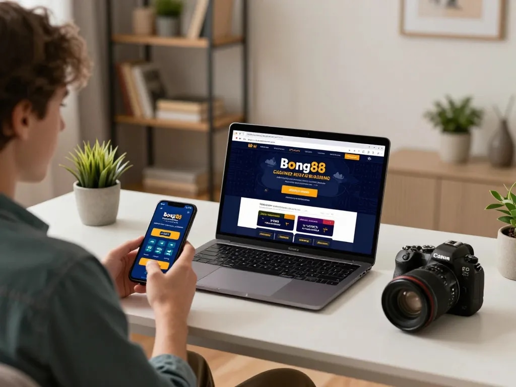 Bong88 player engaging in strategic online betting on laptop with smartphone support.