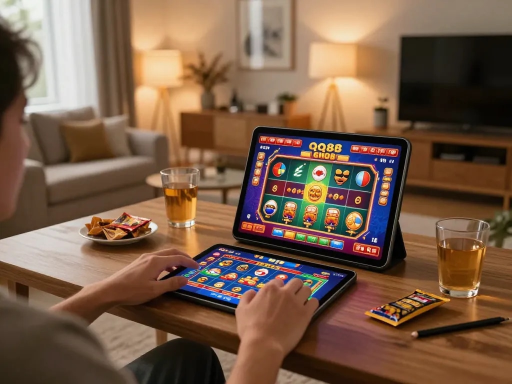 Engaging in qq88 online casino gaming from a cozy home setup with vibrant visuals and friendly atmosphere