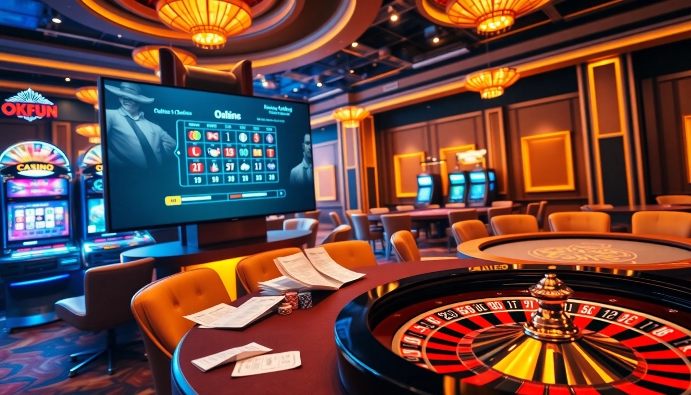 Experience the vibrant gaming atmosphere at okfun.com with exciting casino visuals including poker tables and slot machines.