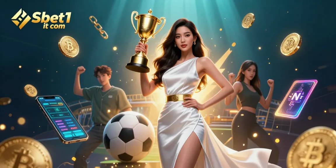 Experience the excitement at Shbet1 it com with a stunning illustration of a victorious Asian woman holding a trophy amidst sports betting elements.