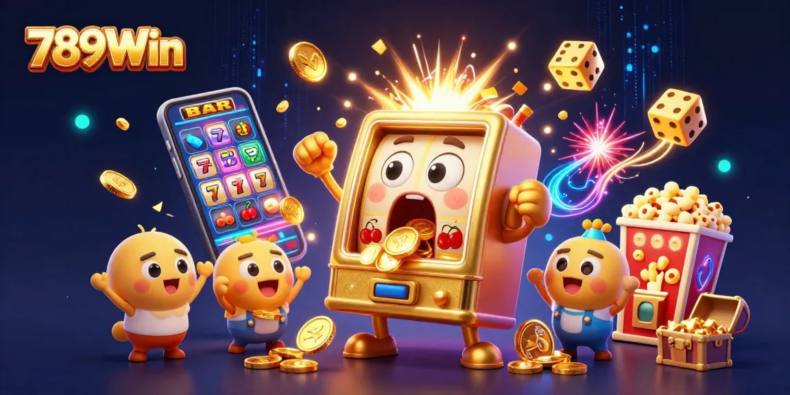 Experience exciting wins with 789Win as joyous slot machines celebrate a jackpot in this vibrant casino scene.