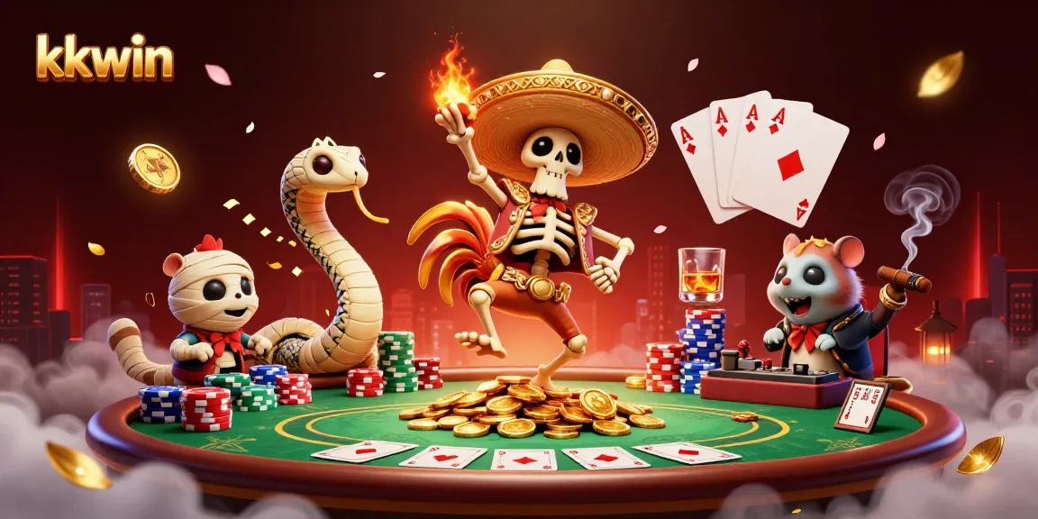 Experience kkwin's vibrant gambling scene with a jubilant rooster and dynamic casino elements.