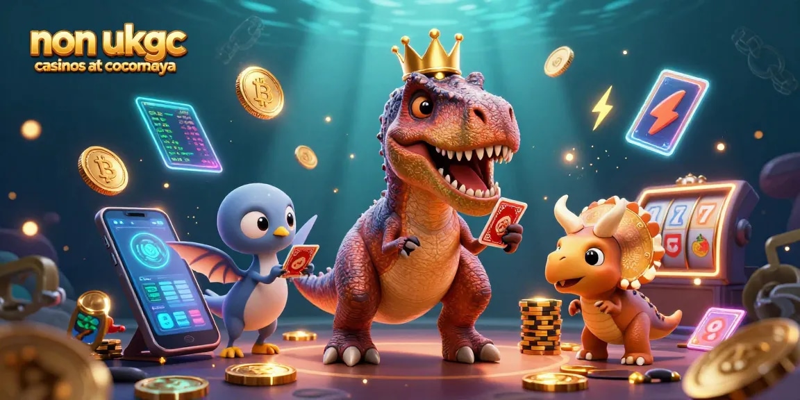 Experience the excitement of non ukgc casinos at cocomaya with a playful T-Rex and friends in a vibrant casino scene.