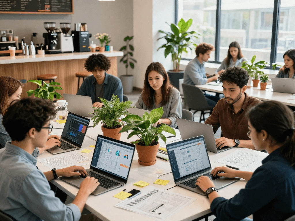 Dynamic scene of professionals collaborating in a modern coworking space, showcasing affordable online promotion strategies.