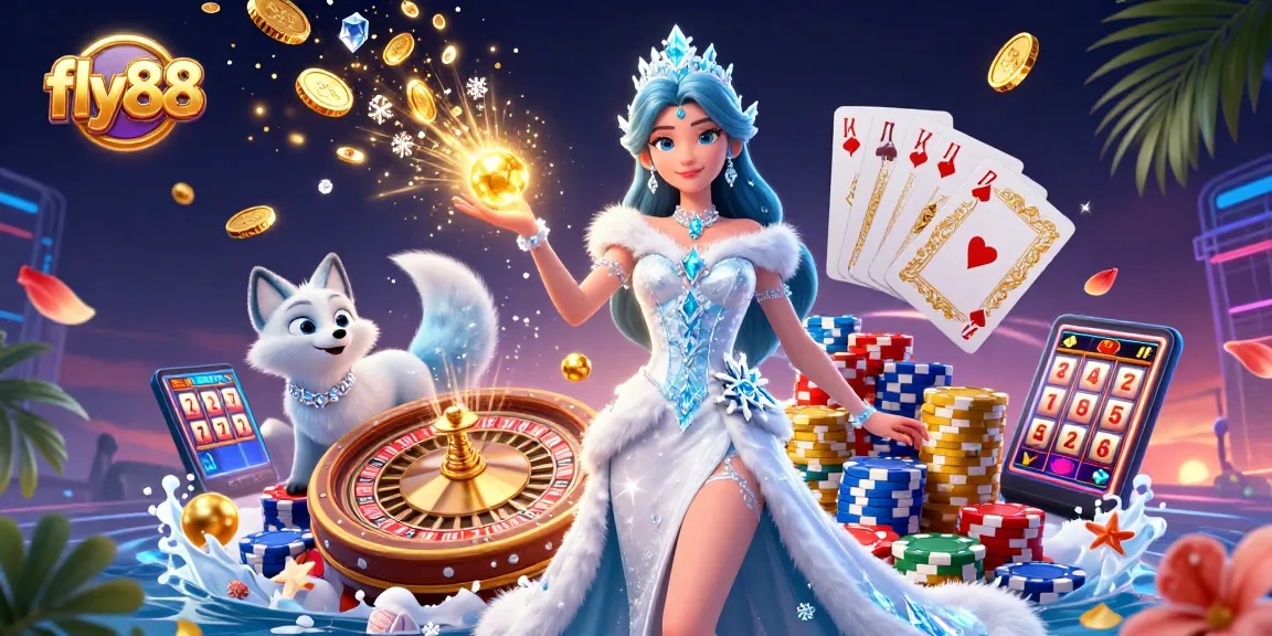Fly88 features a stunning 3D scene with a glamorous ice queen and arctic fox amidst dynamic casino elements.