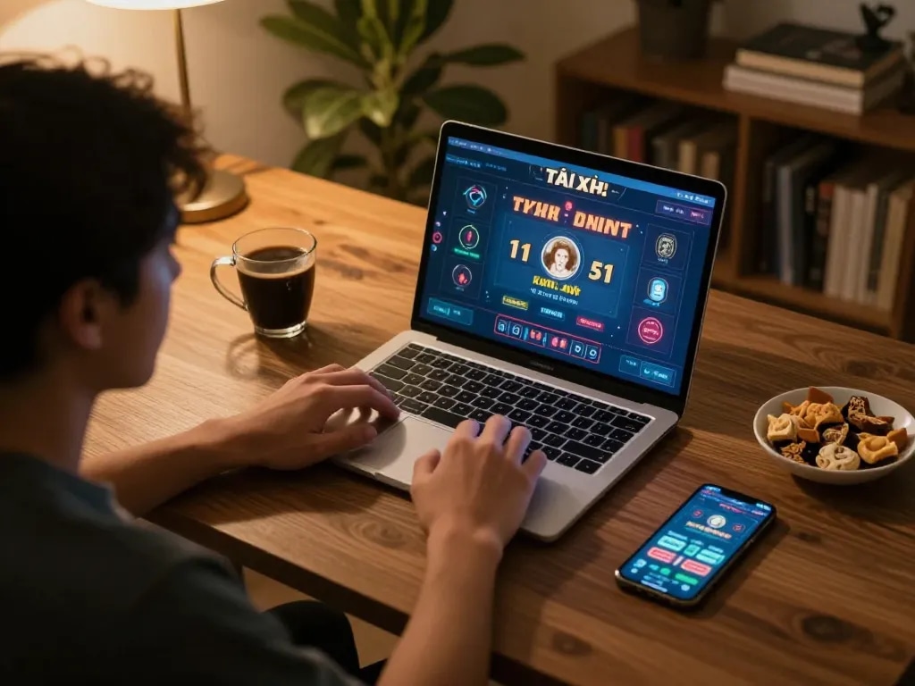 Tài xỉu online gameplay in a cozy home setup with player engaged on a laptop.