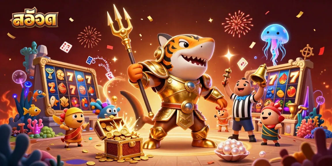 Experience the excitement of สล็อต with a dynamic underwater colosseum scene featuring winning slot elements and a cheerful crowd.