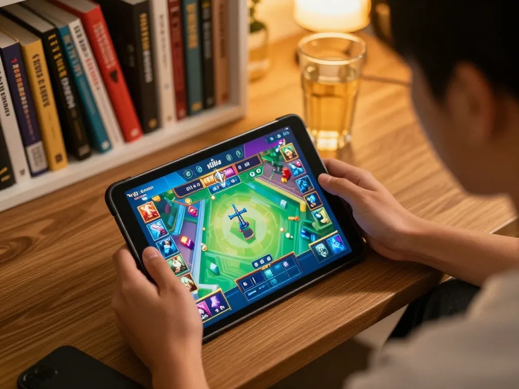 Engaging player enjoying Game nổ hũ uy tín on tablet in a cozy home setting, highlighting online gaming excitement