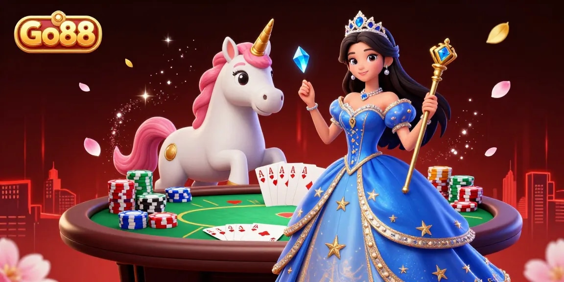 Engage in thrilling gameplay at Go88 with vibrant poker scenes and enchanting characters.