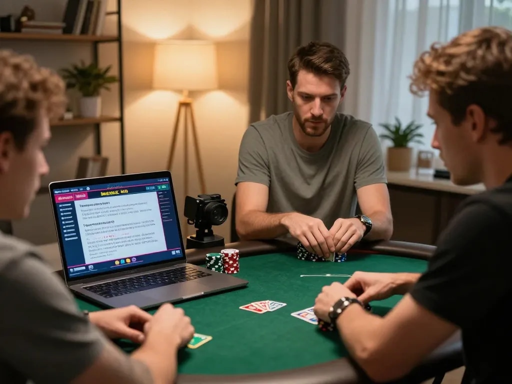 Engaged players at https://nk88net.com/ showcase their online poker strategy in a cozy home setting.