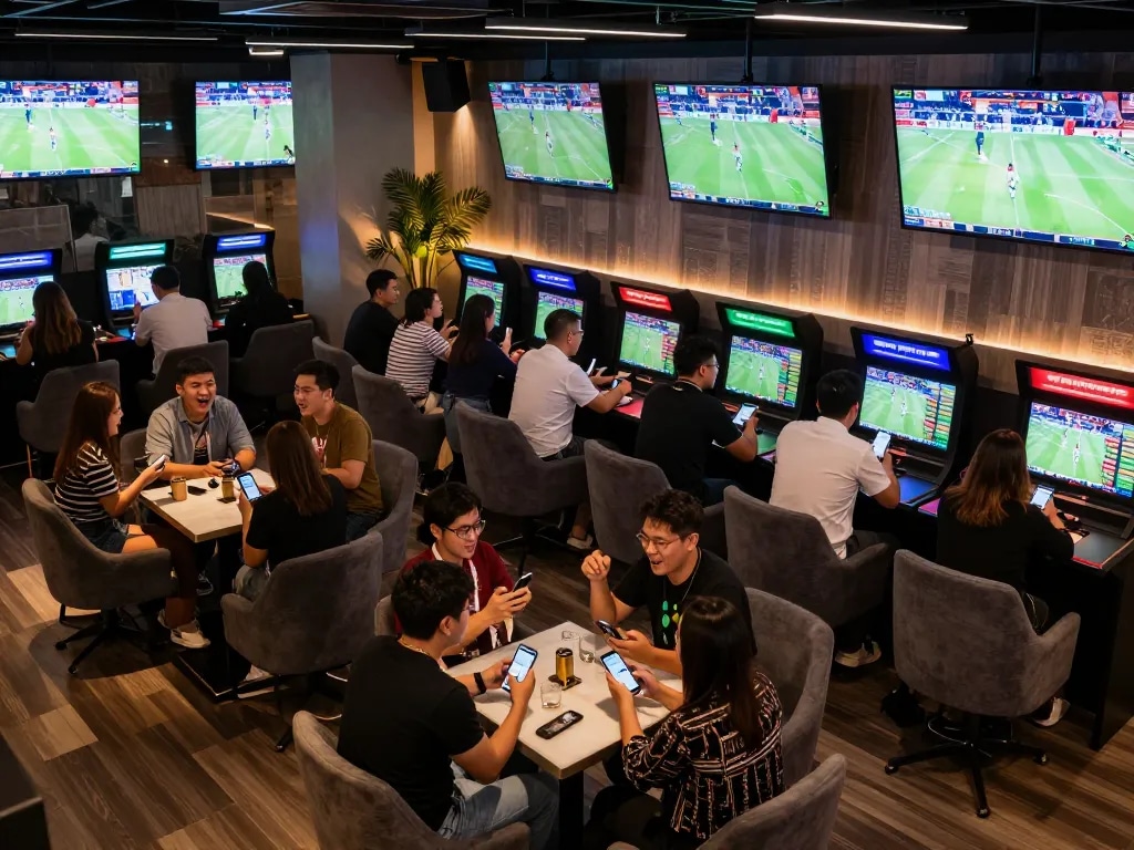 Engaged bettors analyzing soi keo nha cai in a lively sports lounge setting with multiple screens.