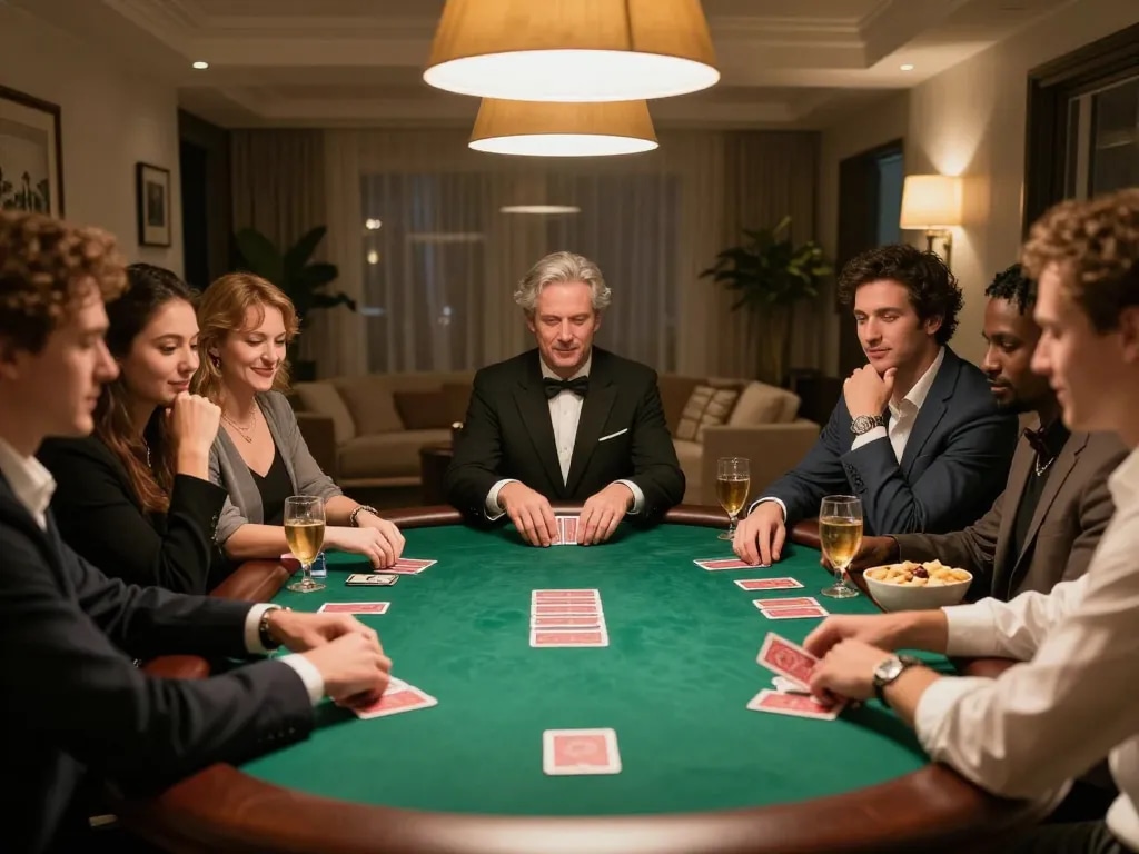 Engaged players enjoying a friendly poker night at home, focusing on AE888 COM game strategies.
