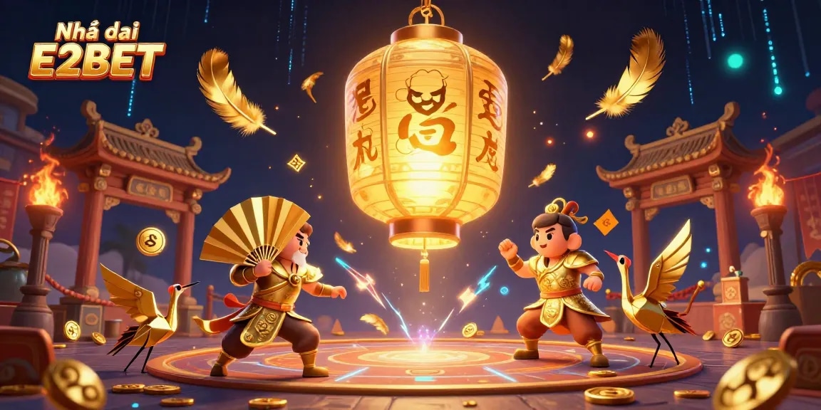 Experience excitement at Nhà cái E2BET with vibrant casino elements and winning energy in this dynamic illustration.