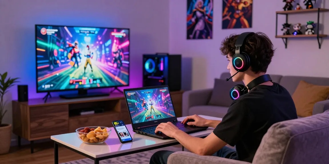 Enjoying online hentai games in a cozy living room while gaming on a laptop, vibrant graphics displayed.