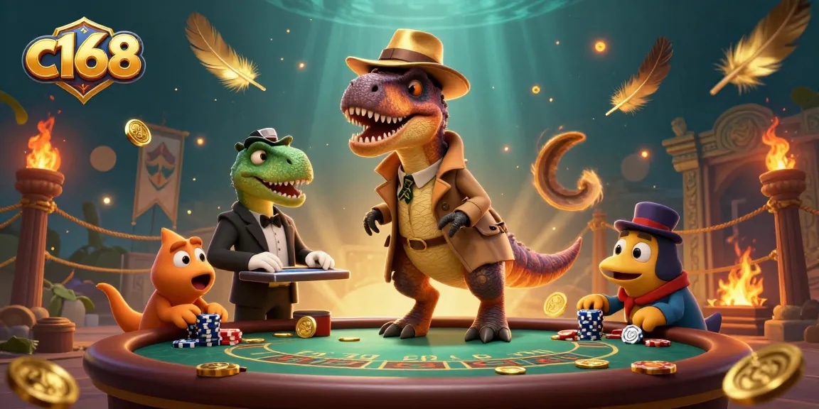 Experience high-stakes action with c168 as a velociraptor card counter engages in blackjack in a vibrant casino environment.