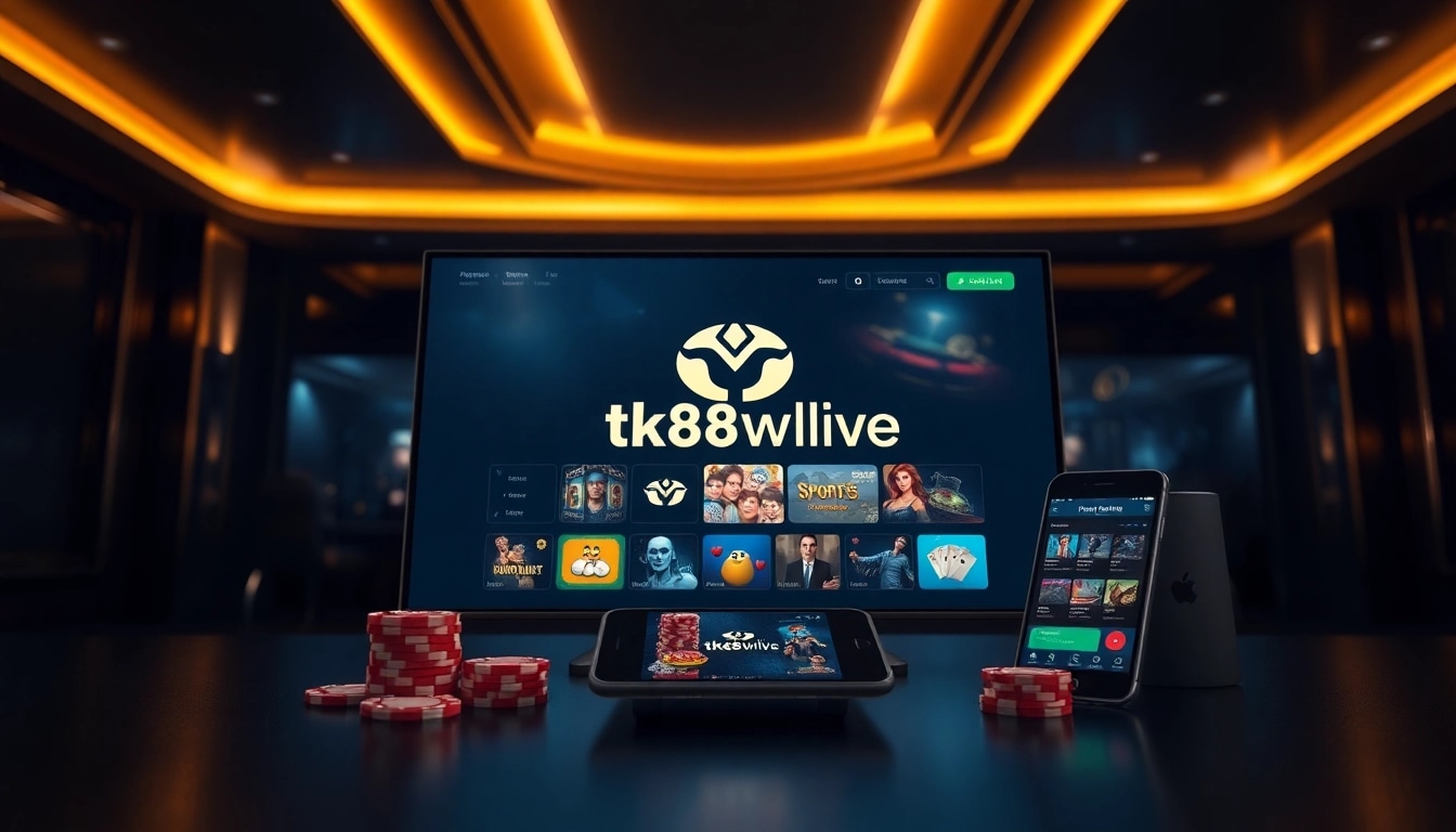 Explore the modern online gambling interface of tk88win.live with luxurious design elements and game options.
