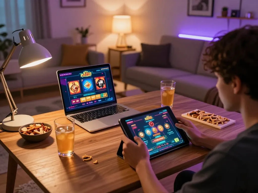 Engaging in nổ hũ đổi thưởng on a tablet at home, showcasing a cozy gaming environment.