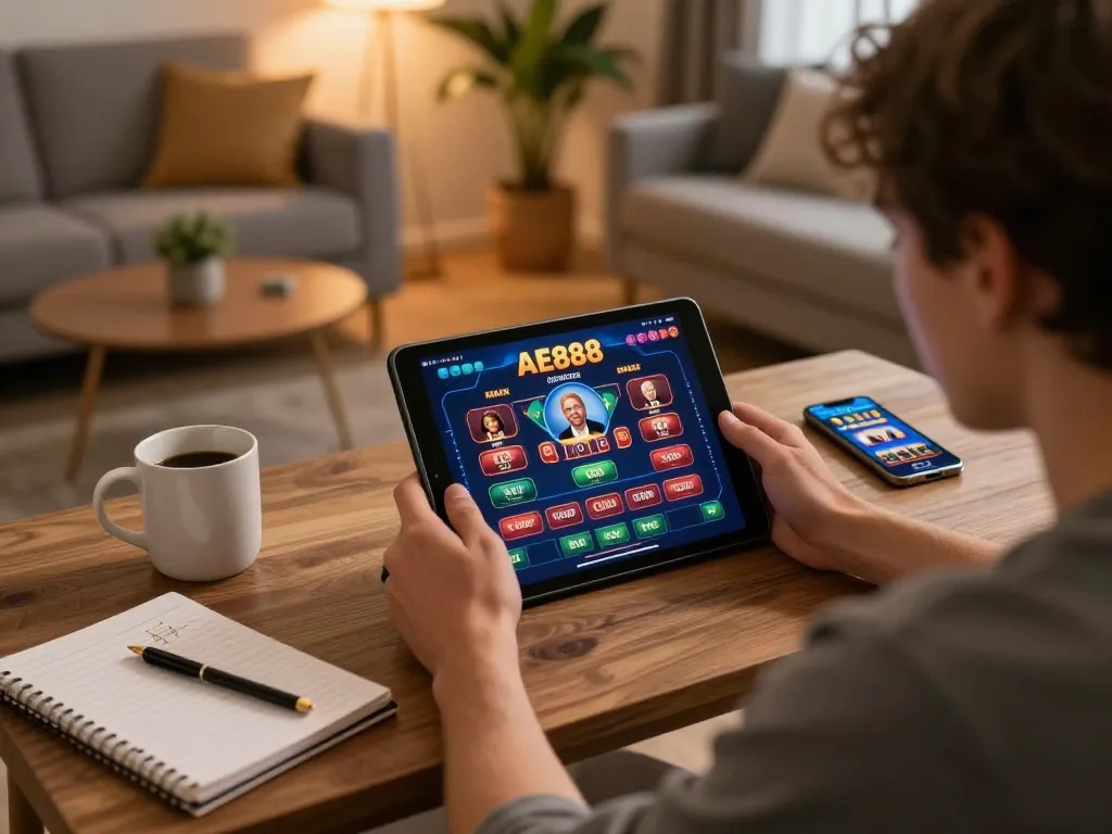 Engaging online gaming at AE888 COM with player focused on tablet displaying casino games