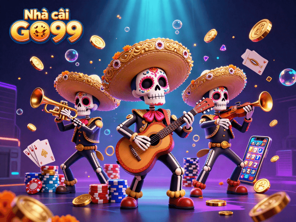 Engage with Nhà cái GO99 through this vibrant illustration of a mariachi band in a casino setting.