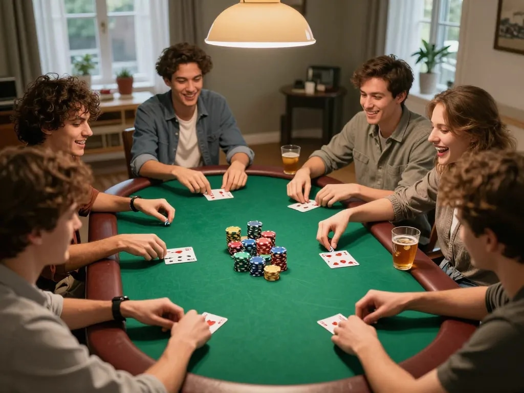 Friends playing game bài đổi thưởng at a poker night, showcasing chips and cards in an engaging atmosphere.