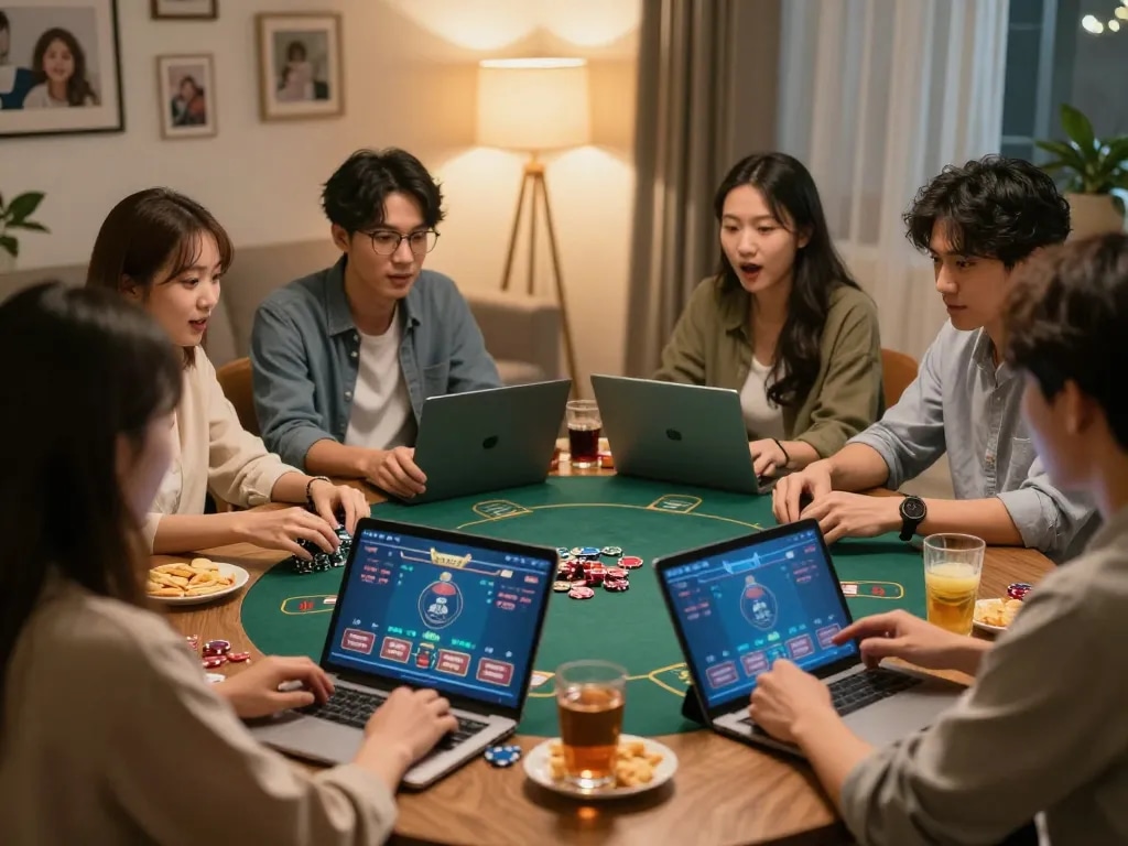 Friends playing poker online together in a cozy living room setting representing nhà cái lv88 community spirit.