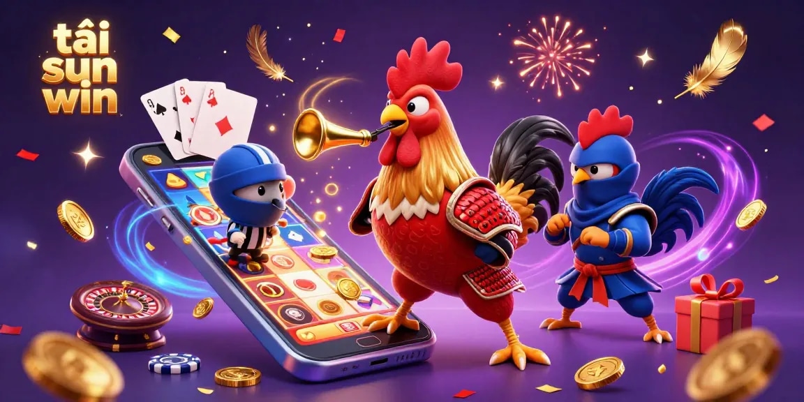 Join the vibrant action of tải sun win with dynamic roosters in battle, surrounded by thrilling casino games and festivities!
