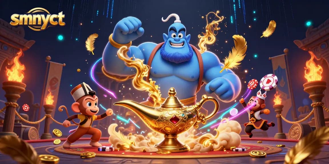 Win big with smnyct as a genie grants wishes surrounded by vibrant casino elements.