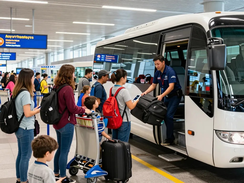 Minibus service Halifax: Professional driver loading luggage into a modern minibus at an airport terminal bustling with travelers.
