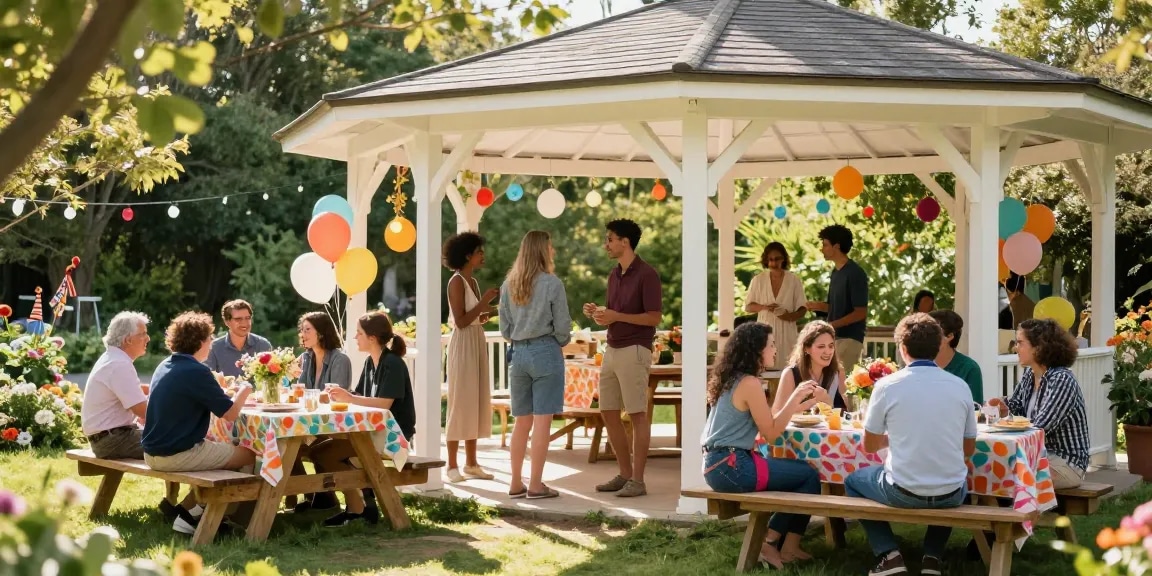 Outdoor gathering under a stylish gazebo hire London, showcasing a vibrant event atmosphere with friends enjoying a celebration.