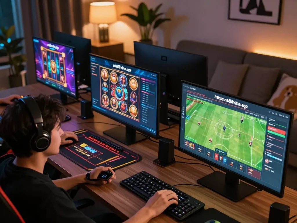 Playing multiple casino games on screens from https://nk88vina.app/, showcasing dynamic online gaming experience.