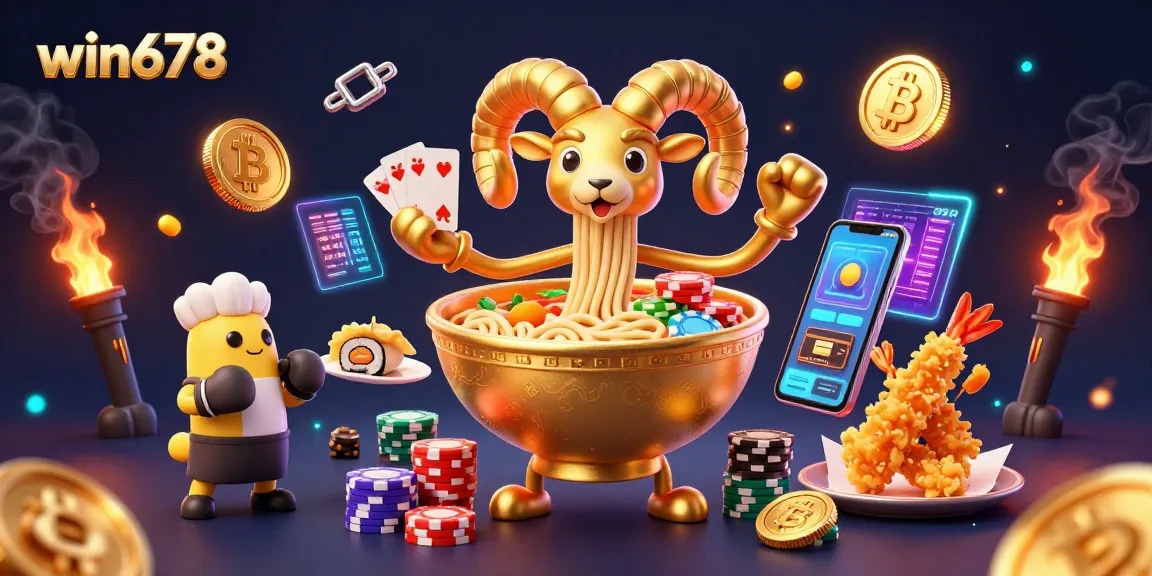 Play cards and stack chips with win678 in a vibrant 3D casino-themed scene featuring fun characters.
