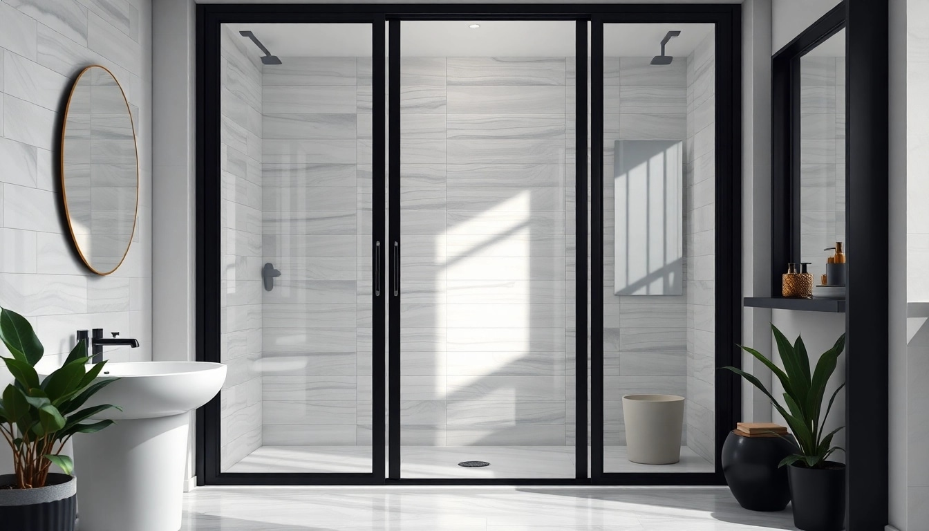 Admire the stylish black frame shower doors that enhance modern bathroom aesthetics.