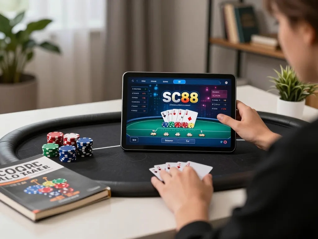 Engaging in SC88 poker gameplay at home with tablet display, chips and cards visible