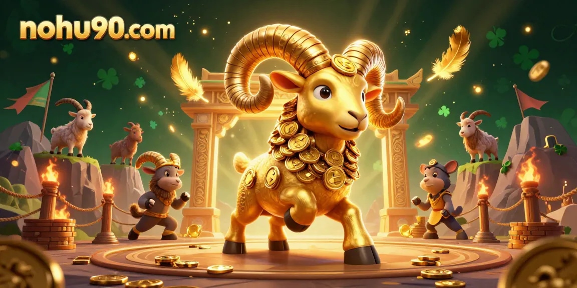 Engage with thrilling games at nohu90com, featuring a cartoon ram amidst golden coins, flames, and vibrant casino elements.