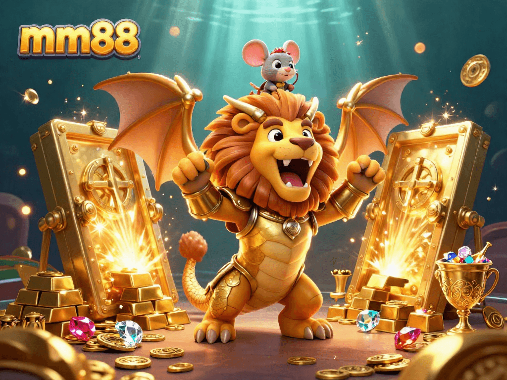 Win big with mm88 at an exciting 3D casino, featuring treasures and animated characters.