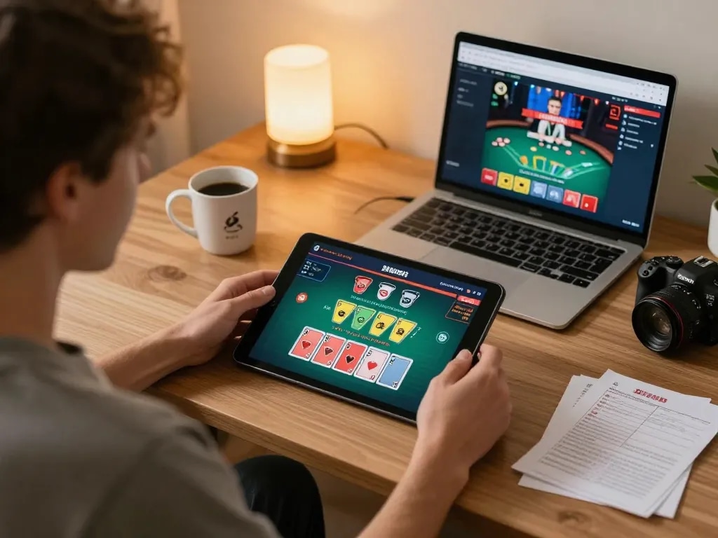 Engaged user enjoys live dealer blackjack at home, exploring cm88 com gaming strategies comfortably