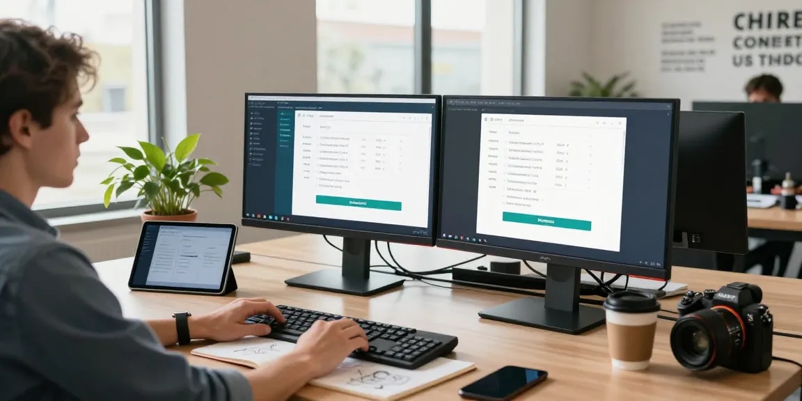 Engaging workspace with a number checker interface on dual monitors, showcasing tech tools and natural light.
