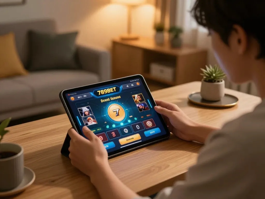 Engaging with the 789BET platform for online gambling at home.