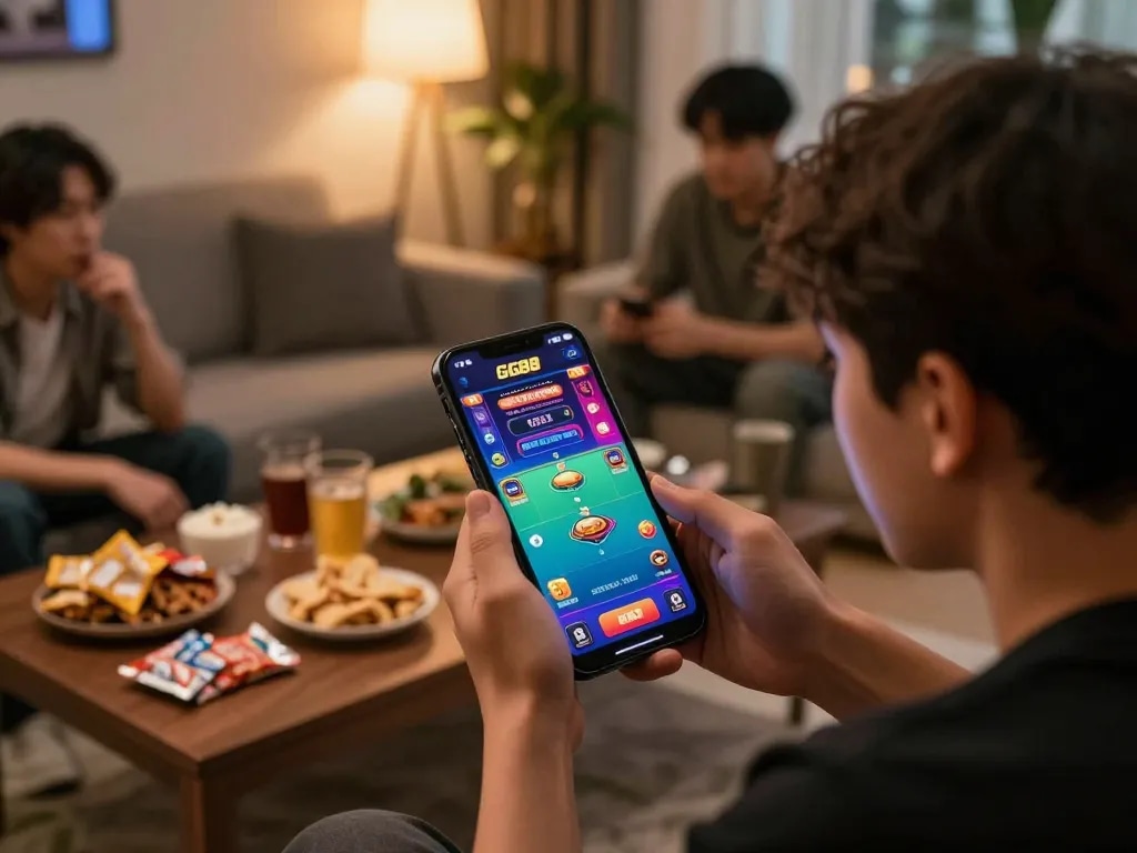 Player immersed in GG88 mobile app gaming with snacks in a cozy setting