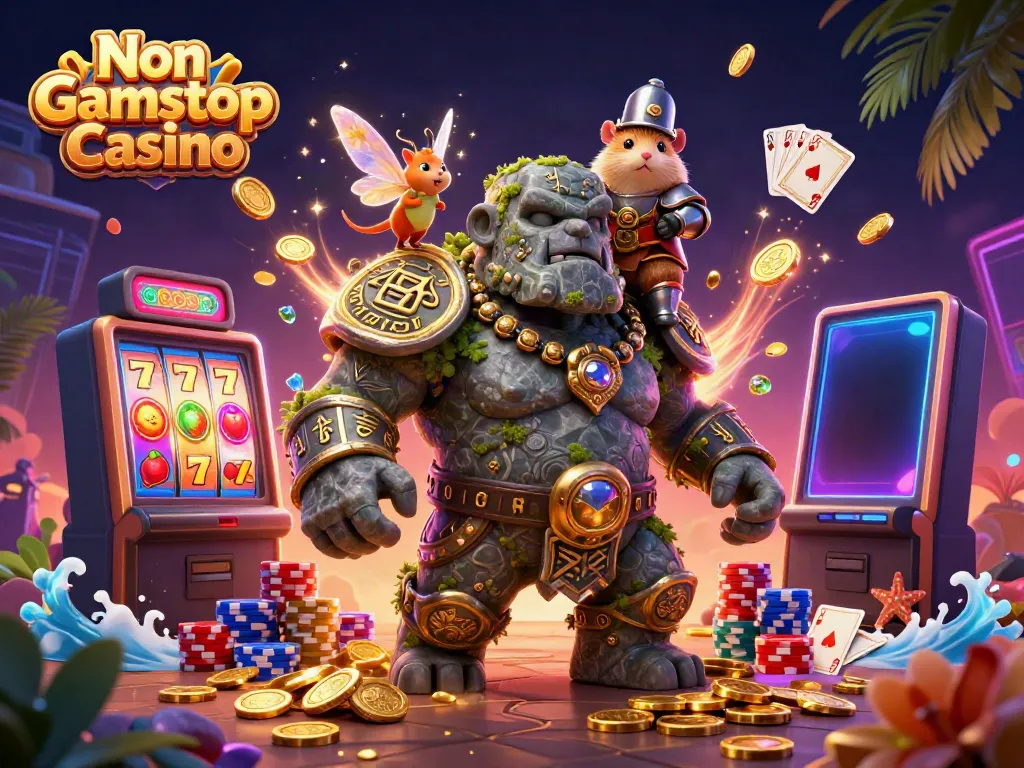 The Non Gamstop Casino scene features a magical golem, fairy, and hamster knight amidst vibrant slot game action.