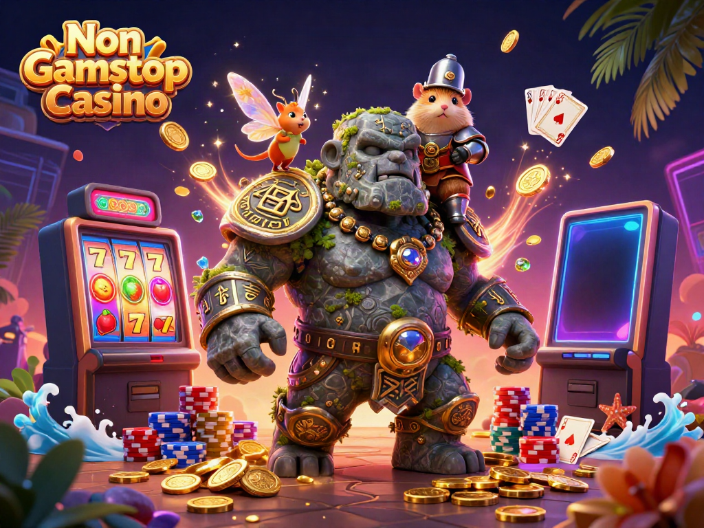 The Non Gamstop Casino scene features a magical golem, fairy, and hamster knight amidst vibrant slot game action.