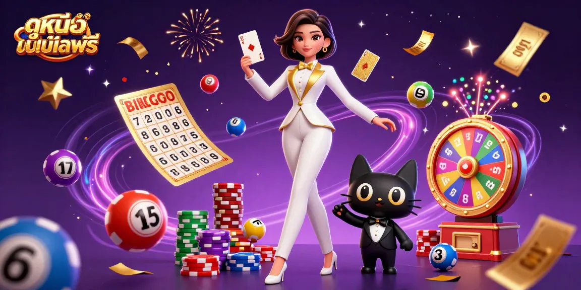 Experience ดูหนังออนไลน์ฟรี with a glamorous woman and a tuxedo cat set against a vibrant casino backdrop.